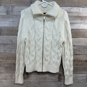 Talbots‎ Womens Ivory Cable Knit Full Zip Cowl Cardigan Sweater Mock Neck Sz M